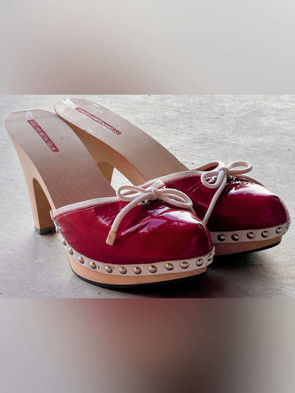 Prada Red Patent Leather Bow Mules Wooden Clog Slides White Trim EU 39